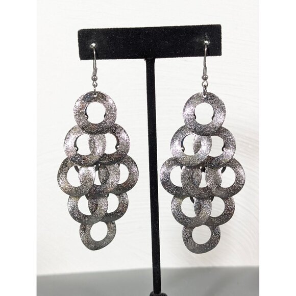 Gunmetal Gray Textured Round Disc Charm Chandelier Long Earrings Pierced MOD - Picture 1 of 8